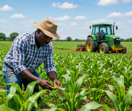 Farmer tending crops with a tractor nearby