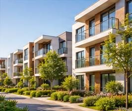 Modern residential buildings and landscaped gardens